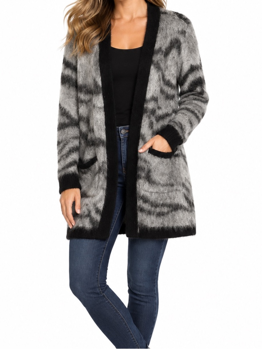 WHBM Gray Black Animal Print Alpaca Wool Blend Long Cardigan M